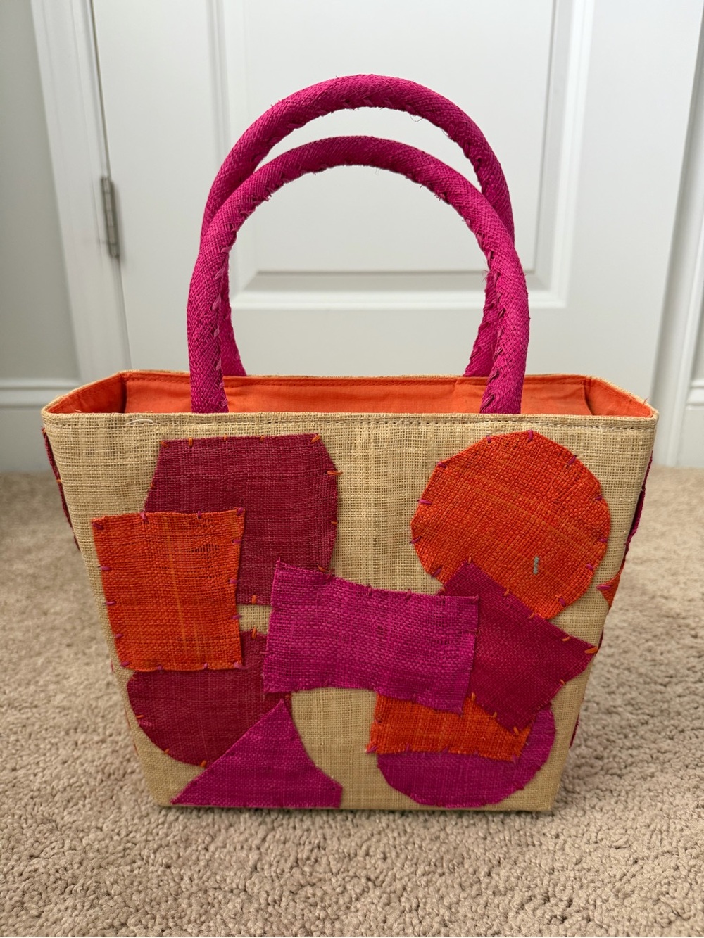 Franchi Beige Pink Orange Colorblock Tote Zip Top Handle Lined Bag